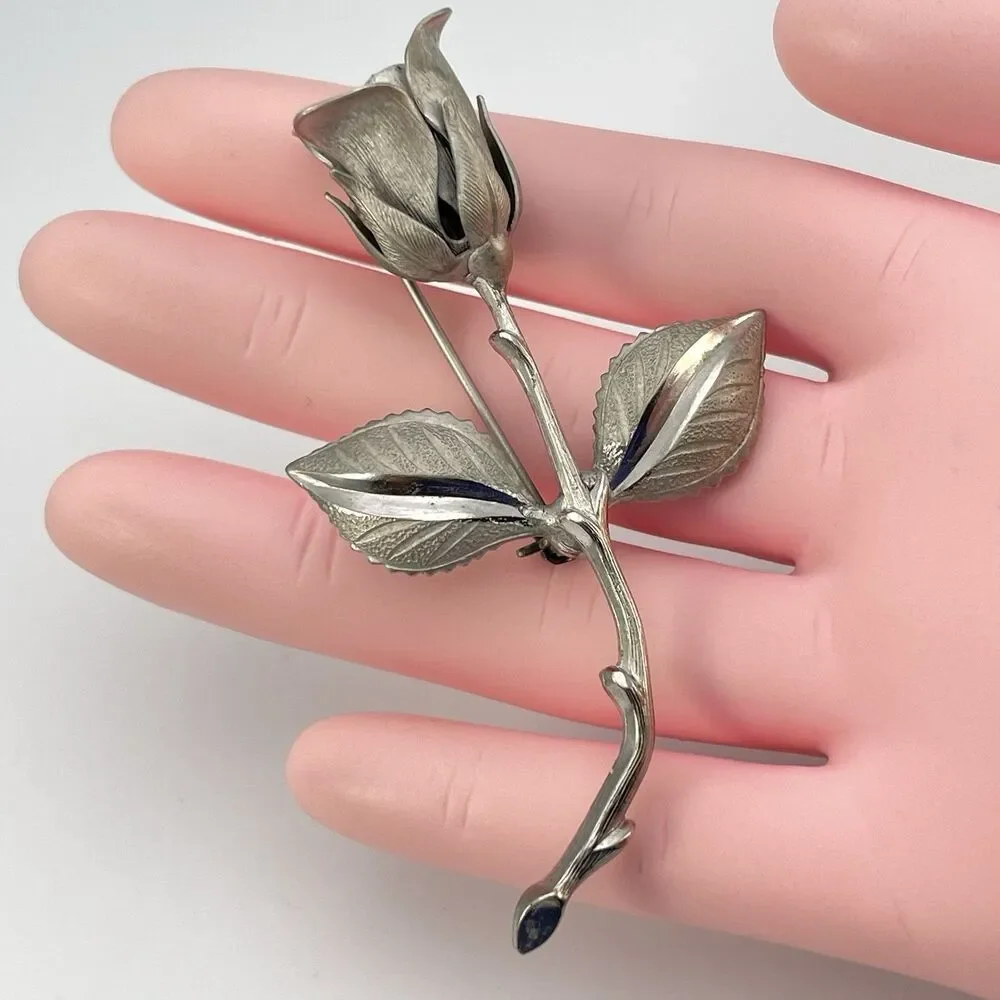 Vintage Silver Tone Budding Rose Brooch Flower Brushed Classic Signed 2.75